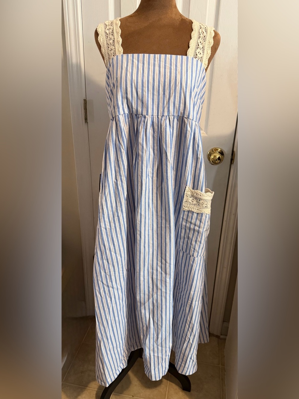 Blue and White Striped Kids Dress with Lace Pocket